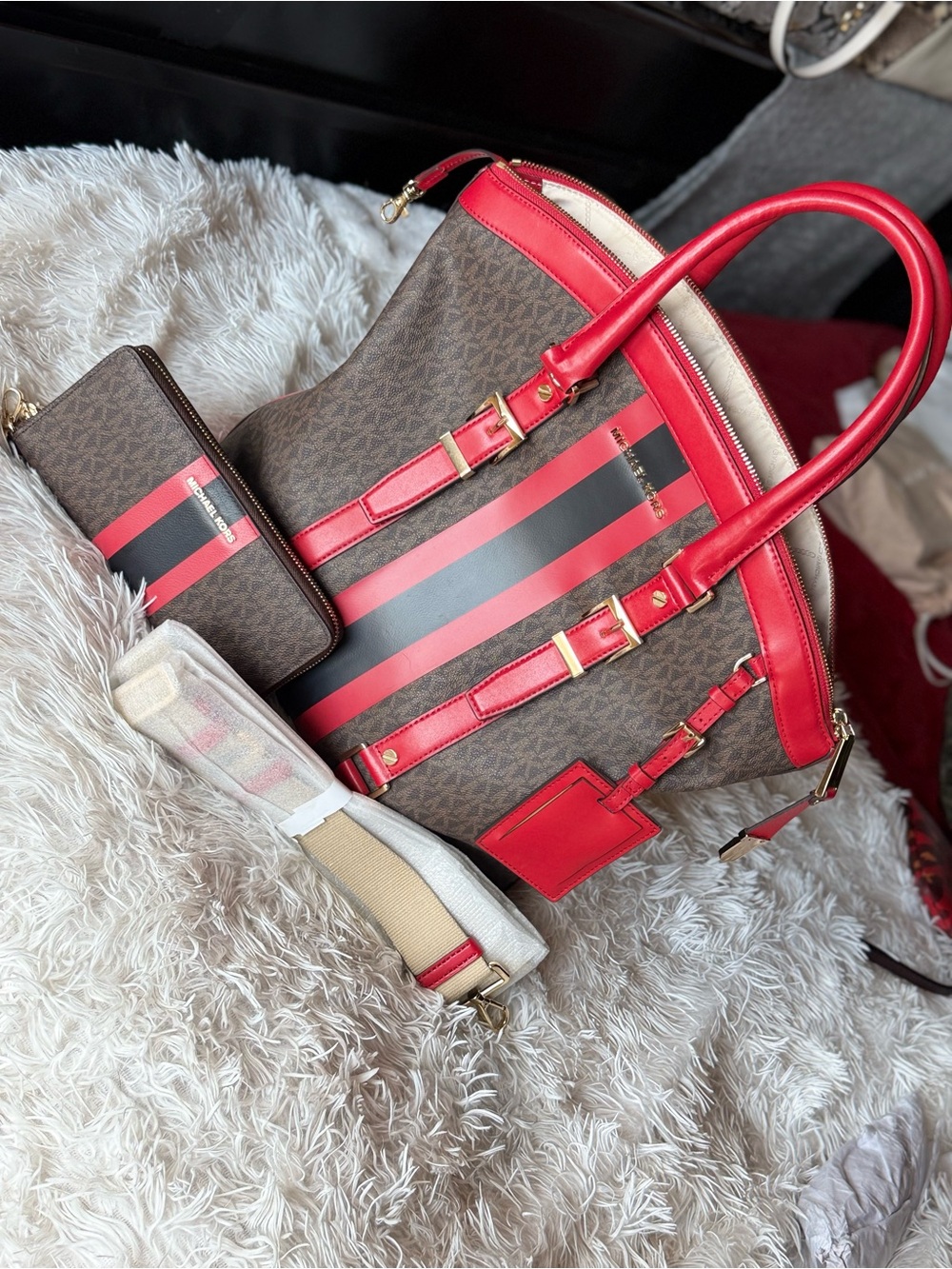 Michael Kors Brown Tote with Red Trim and Stripe Detail